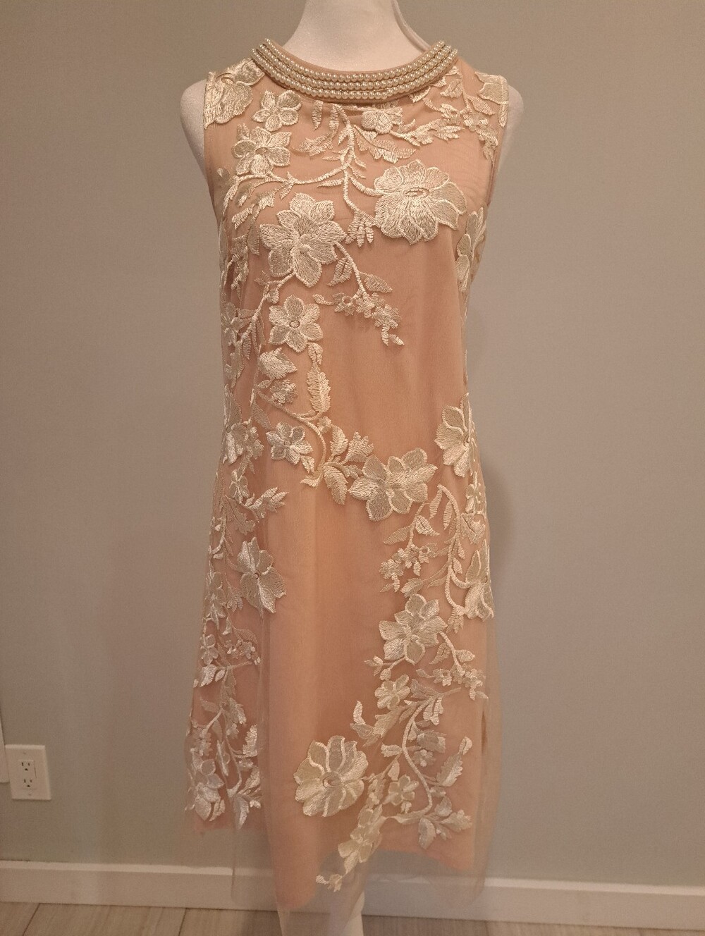 Studio One New York Sleevless Mesh Embroidered Dress Faux Pearls